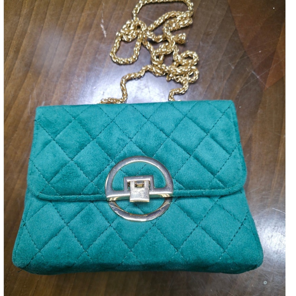 Quilted Green Velvet Crossbody Bag Gold Chain Strap flip Lock